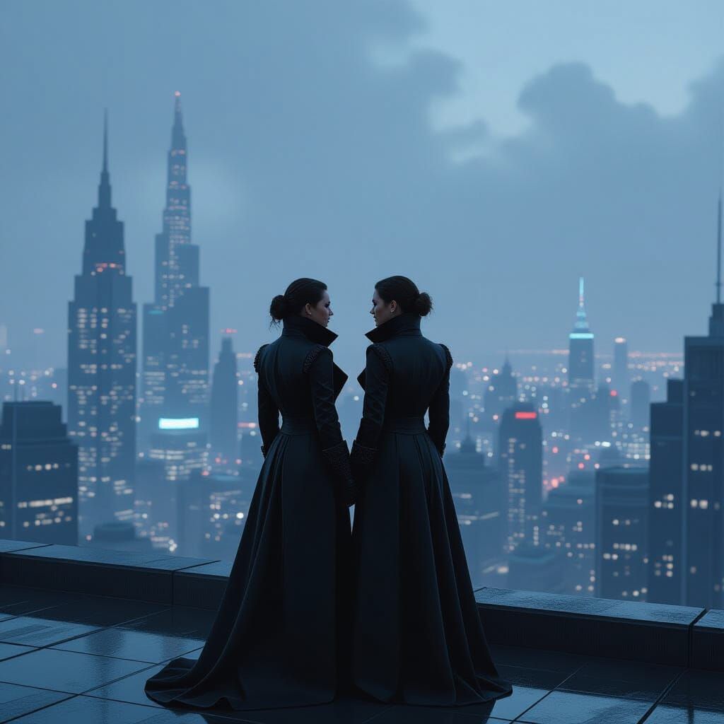 Lesbian Couple in Cyberpunk Cityscape