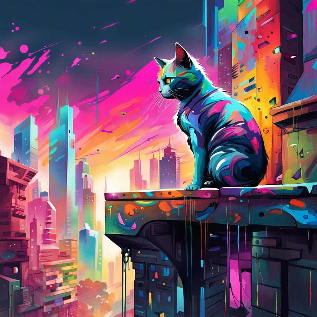 Cyborg Cat in Futuristic City, Graffiti Art Style