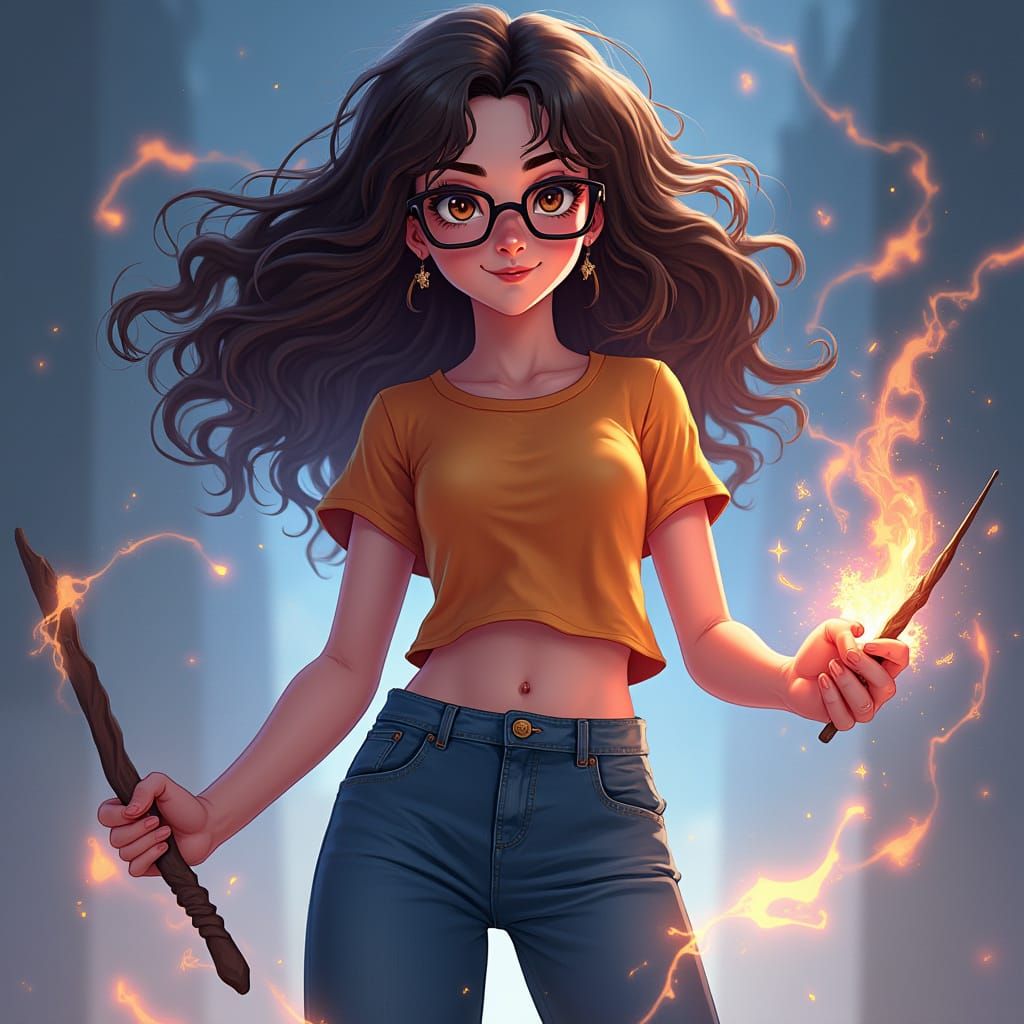Confident Young Witch in Flared Jeans and Vibrant T-Shirt