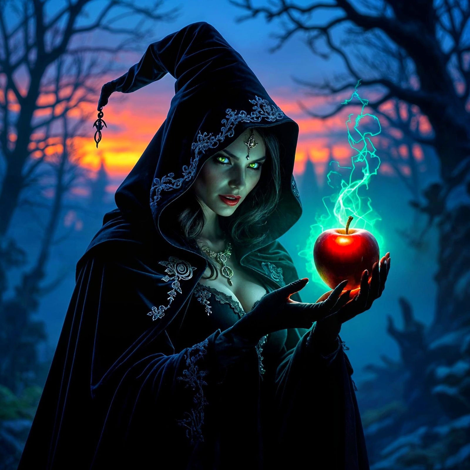 Evil Witch in Black Cloak Holding an Apple