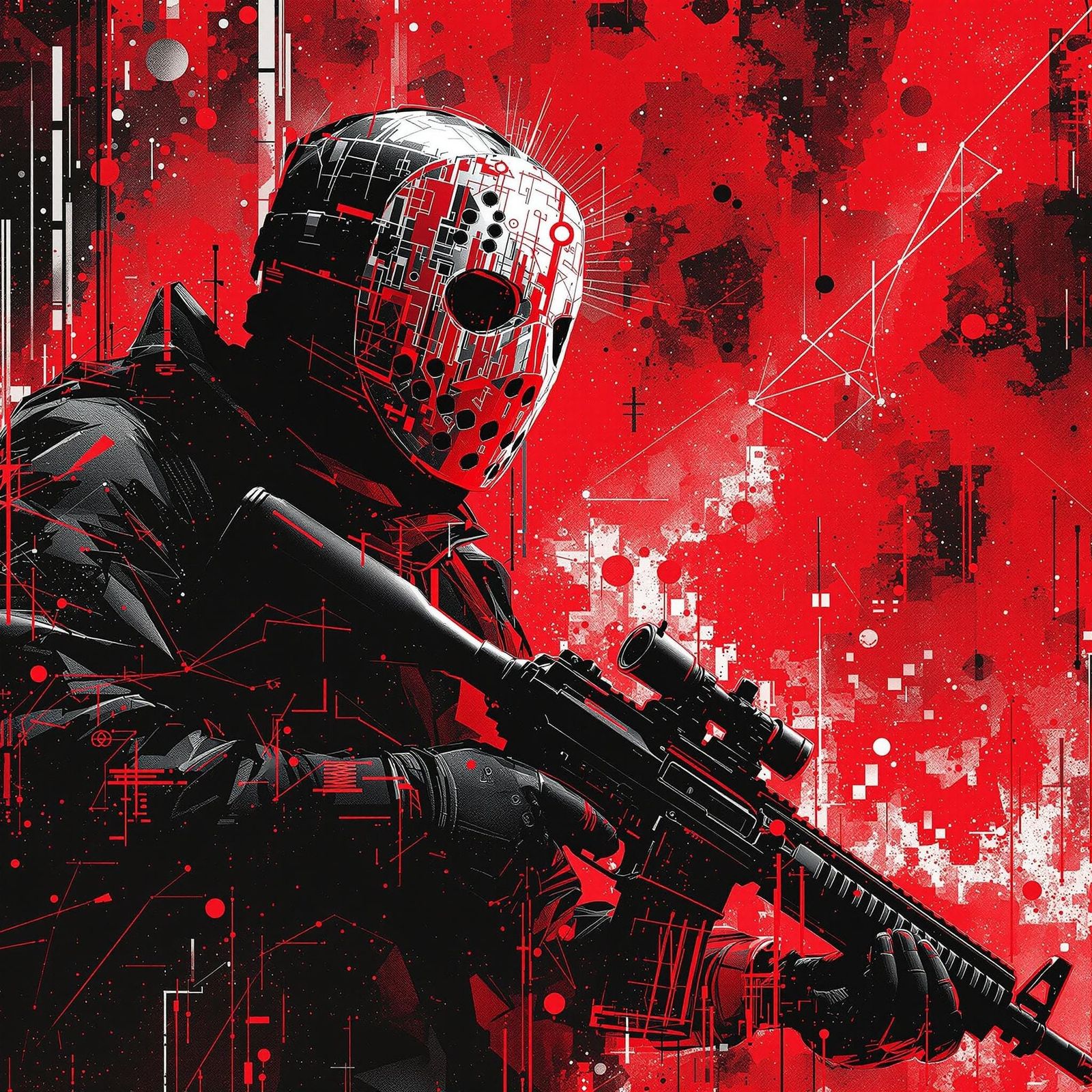 Masked Figure with Rifle in Glitchcore Style