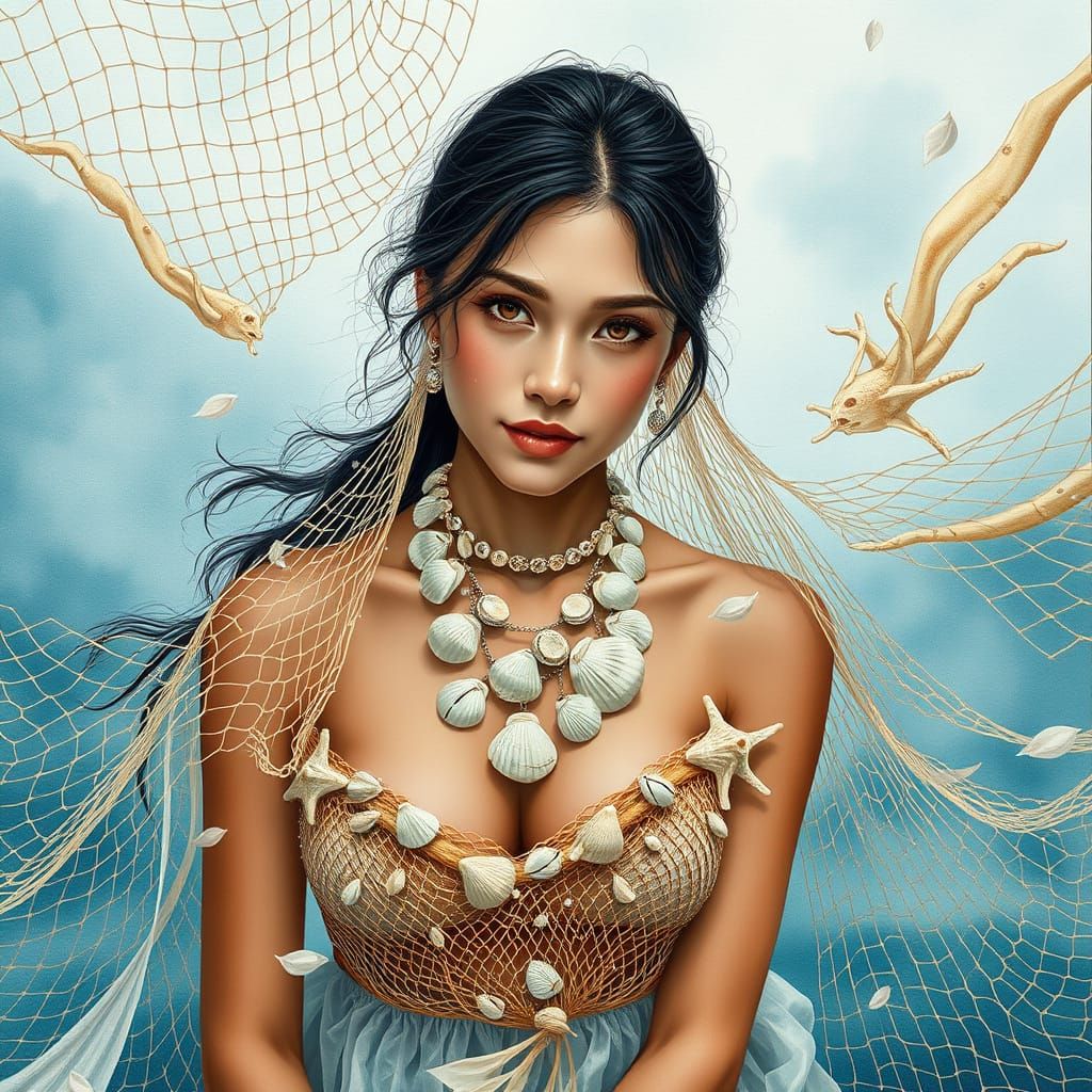 New Wave Inspired Girl in Seashell Jewelry and Fishing Net D...