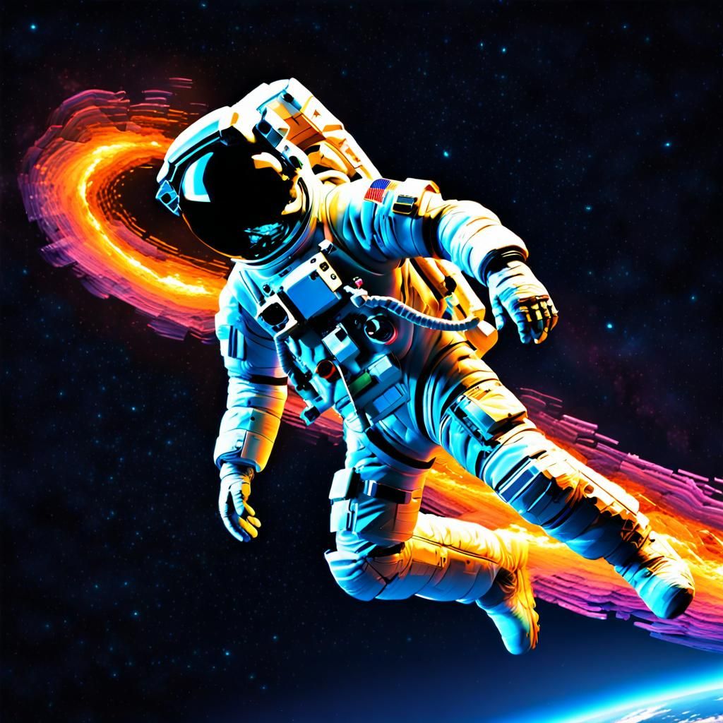 Astronaut Floats in Space with Bioluminescent Glitch Art