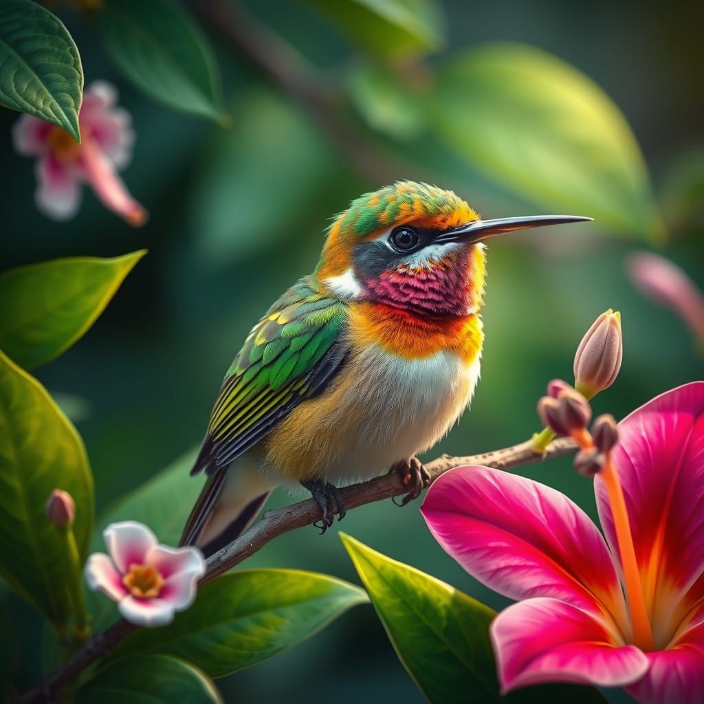 Delicate Hummingbird in Vibrant Tropical Paradise, Intricate...