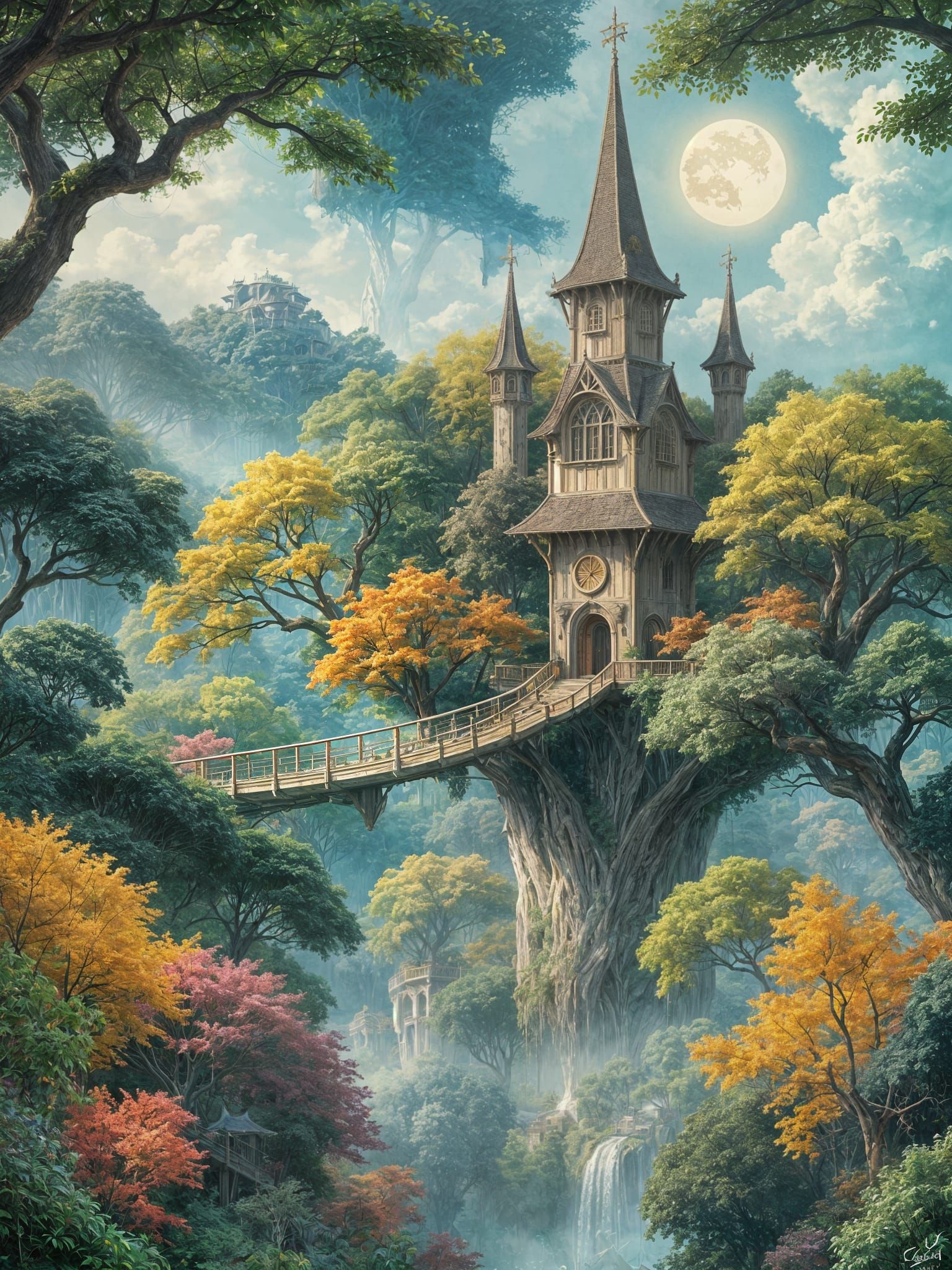 Whimsical Elven Treehouse City in Vibrant Forest Landscape