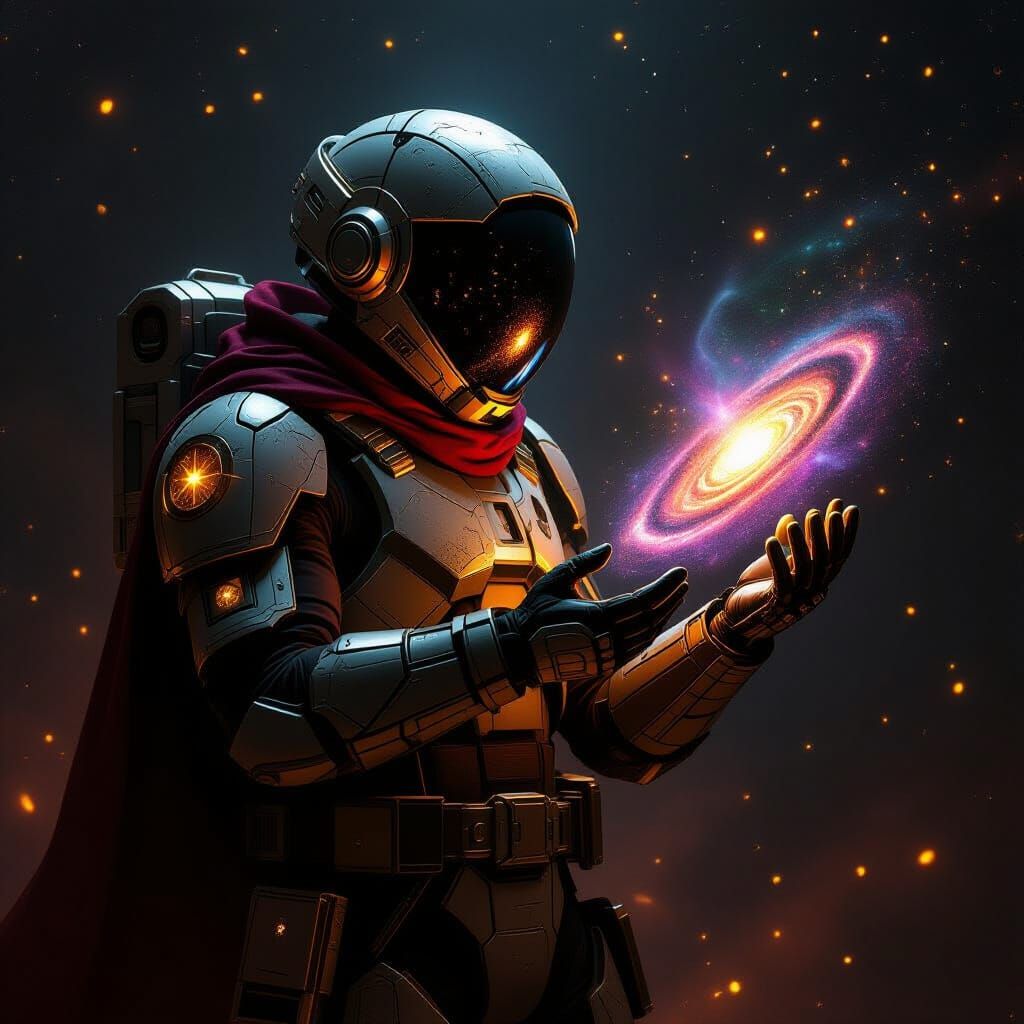 Baroque Sci-Fi Explorer with Glowing Galaxy