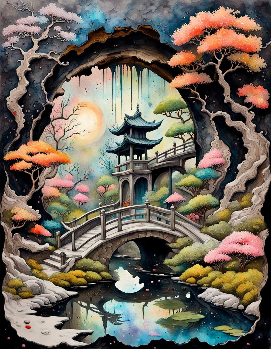 Surreal Japanese Garden: Rococo Oil Painting with Double Exp...