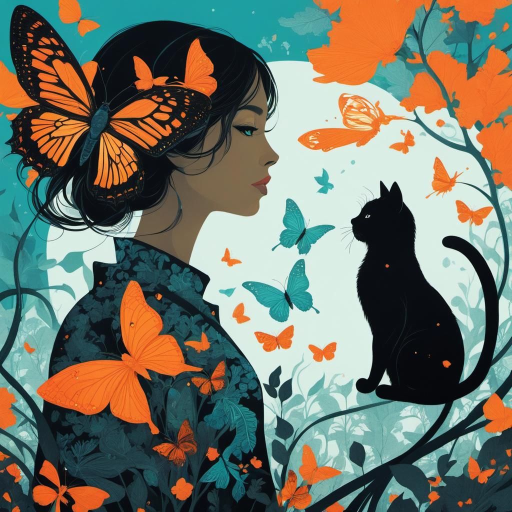 Surreal Silhouette: Girl, Cat, and Butterfly
