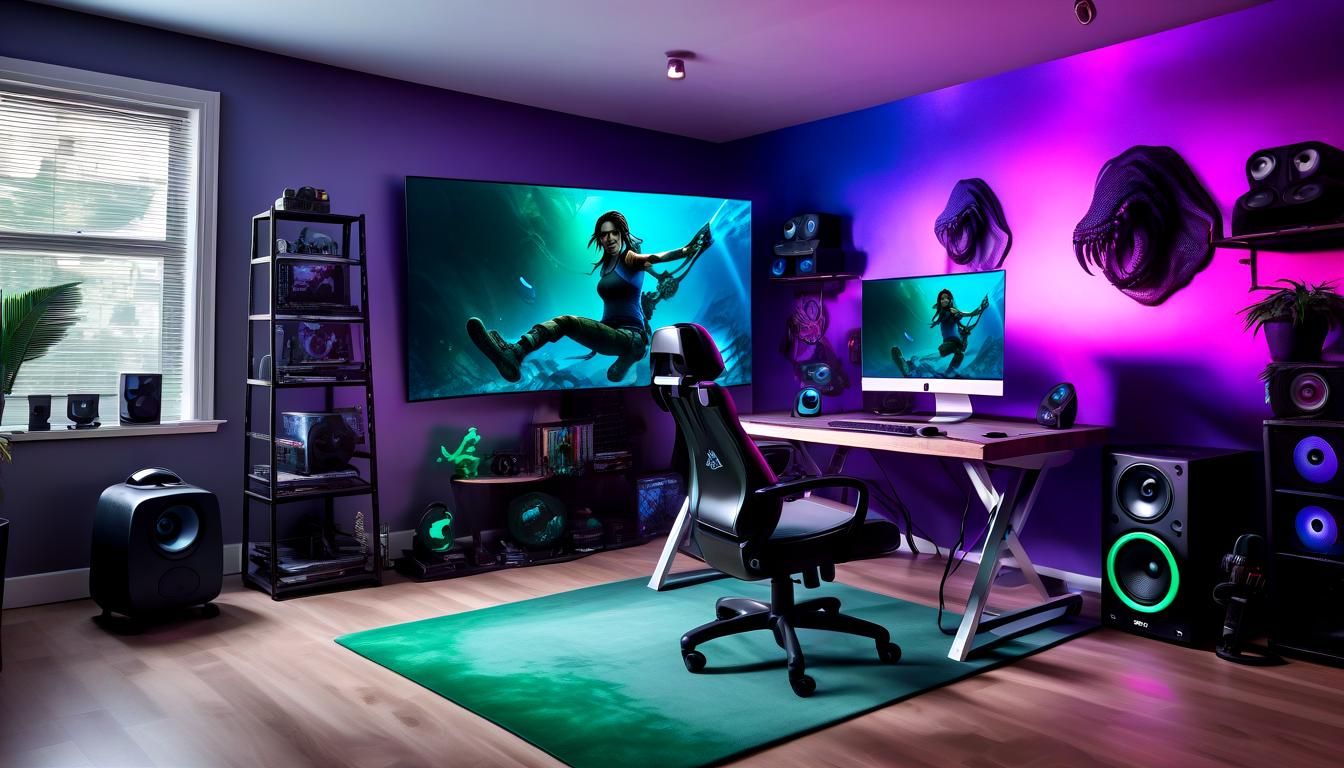 Ein Gaming Studio Room schillerndes Farben Neon mit lara Croft,