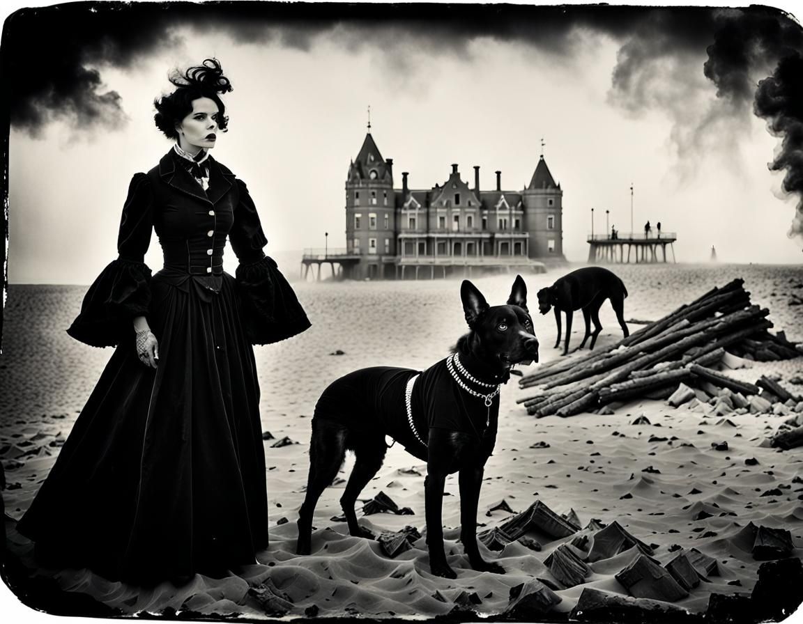 Gothic Model in Tintype Amidst Giant Waves