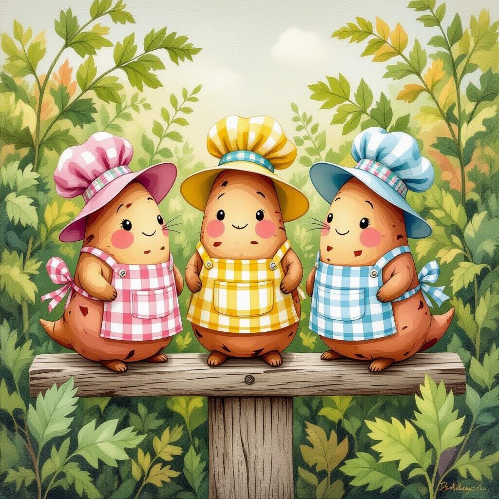 Whimsical Sweet Potatoes on Wooden Post, Gouache Style