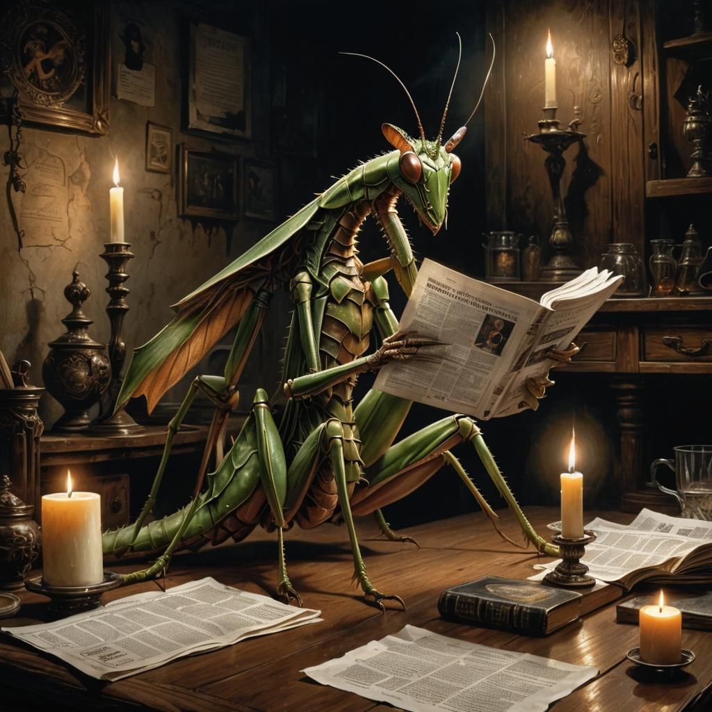 Praying Mantis Reads Newspaper in Dark Kitchen