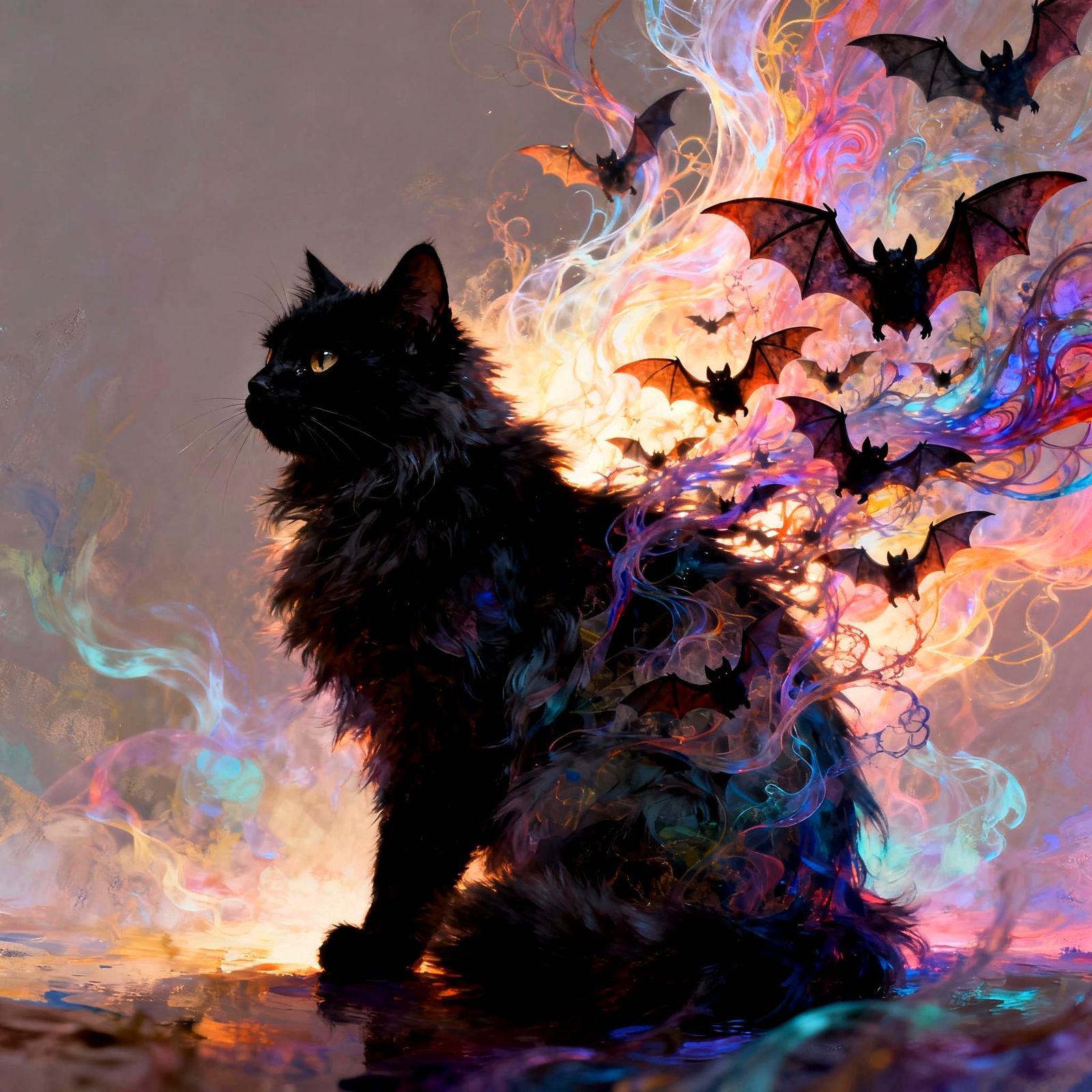 Surreal Black Cat Silhouette Filled with Fractal Bats