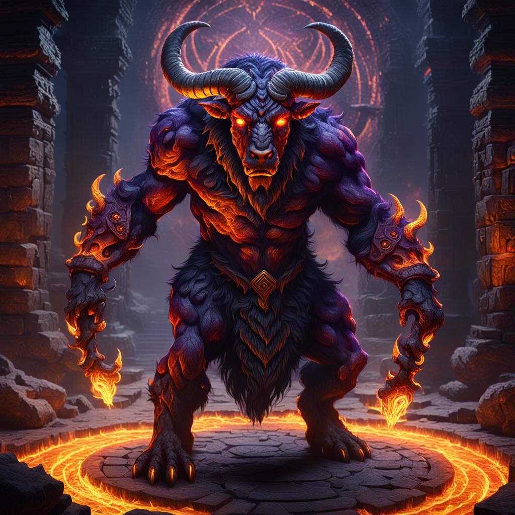 Fiery Minotaur in Mystical Labyrinth
