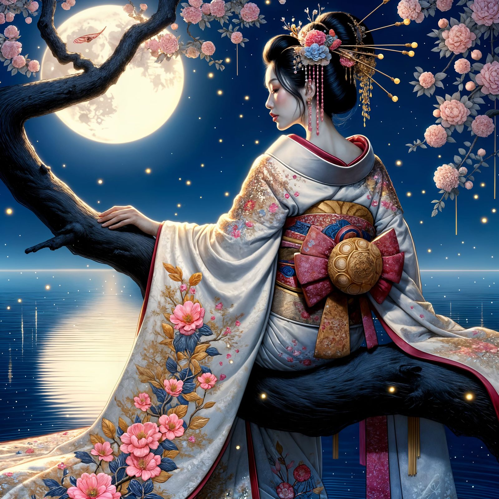 A Geisha Under Cherry Blossoms at Full Moon