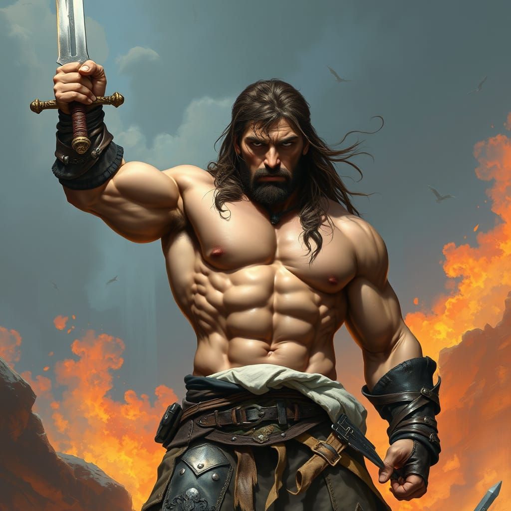 Conan-esque Warrior Raising Sword in Fantastical Setting