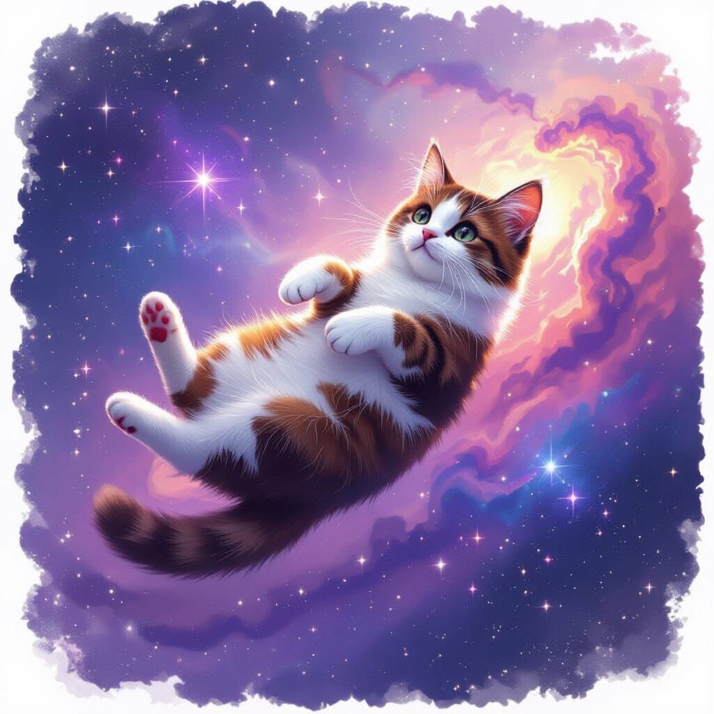 Cat Floating in a Vibrant Starry Galaxy