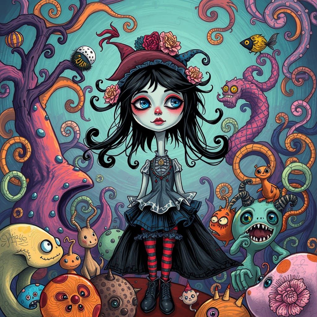 Whimsical Cartoon Girl in Gothic, Vibrant Style