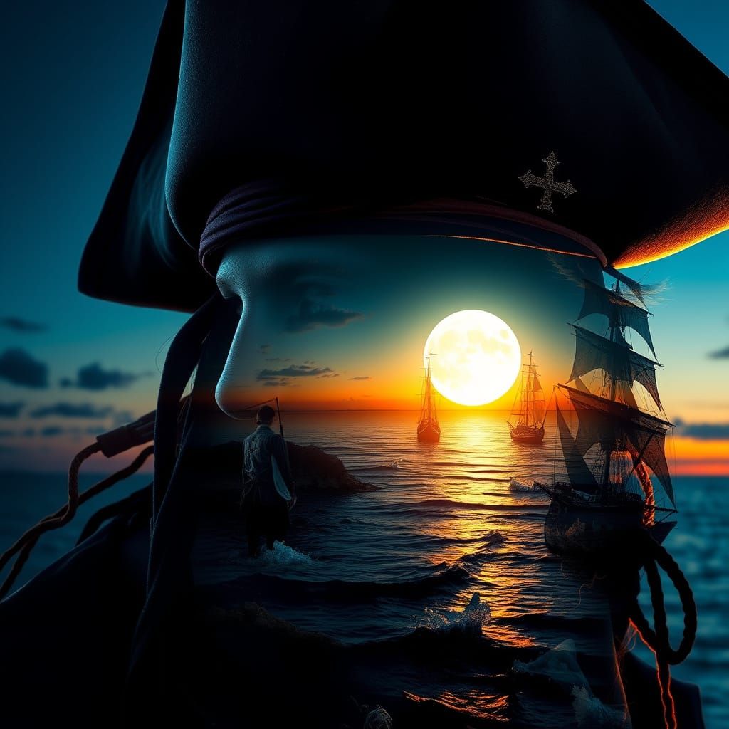 Pirate's Moonlit Vision: Hyperrealistic Double Exposure Art