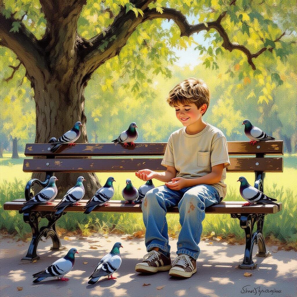 Boy Feeds Pigeons in Impressionistic Sunlight