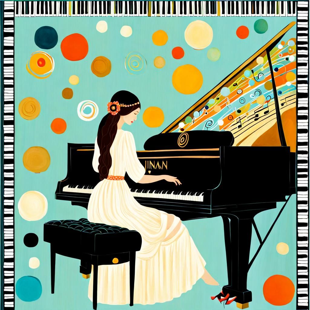 Girl at Piano in Decorative Art Style