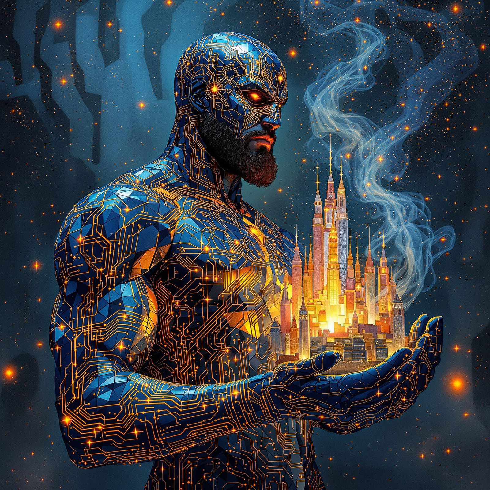 Warrior of Glass and Light Holding a Fantasy City