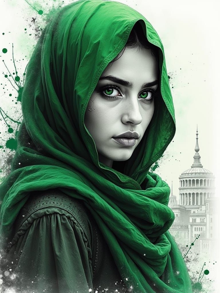 Palestinian Woman Portrait in Black and White Ink