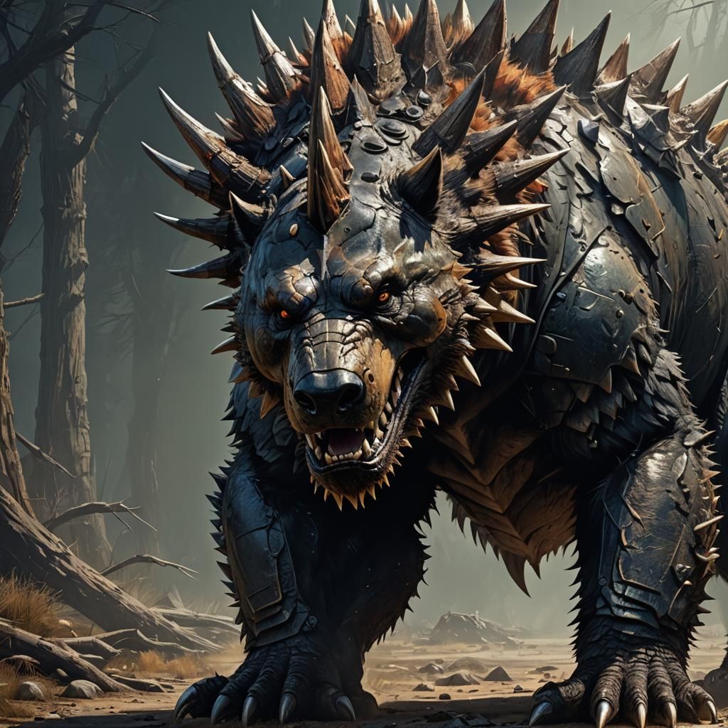 Fearsome Bear-Stegosaurus Hybrid in Dark Fantasy Style
