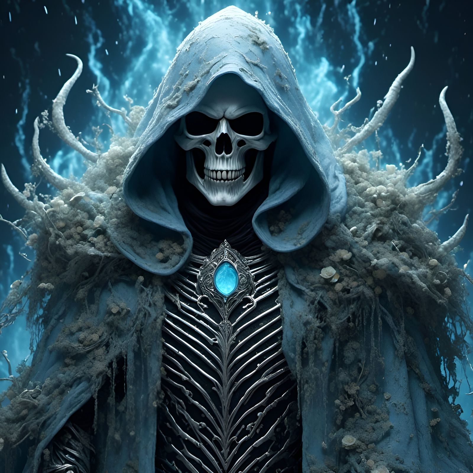 Glowing Grim Reaper Portrait with Moss Cloak