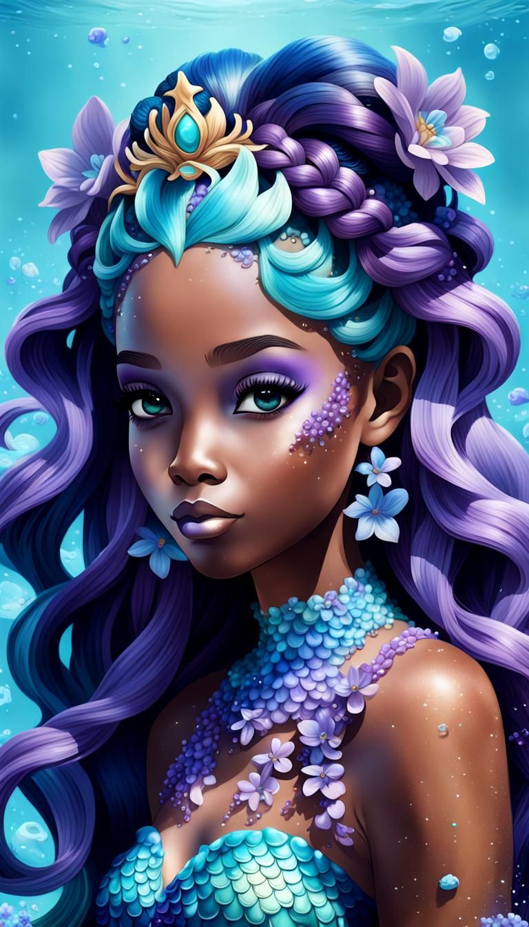 A colorful glossy hyper-realistic digital illustration image of a beautiful average moche African American mermaid, wear...