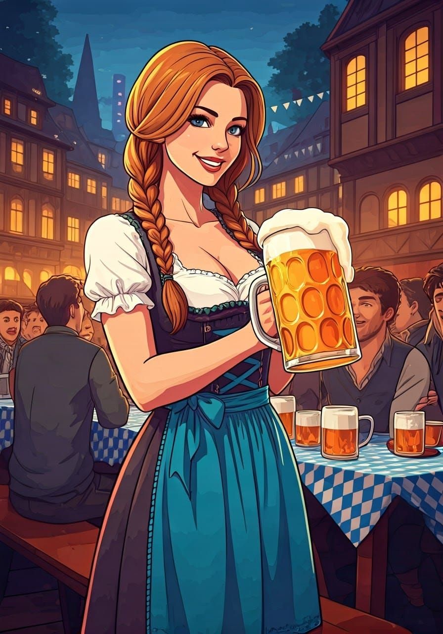 Oktoberfest Waitress Serving Beer in Anime Style