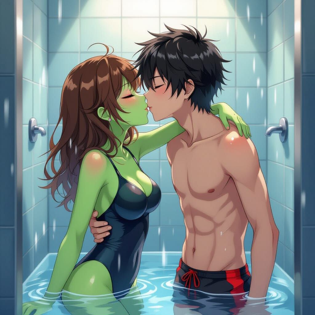 Anime Couple's Passionate Kiss in Steamy Shower