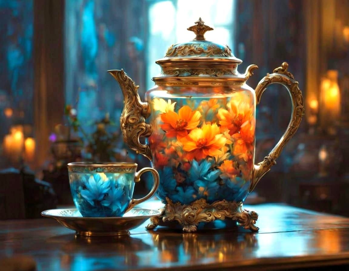 Golden Fantasy Teapot Illuminated in Vibrant Borderland Styl...