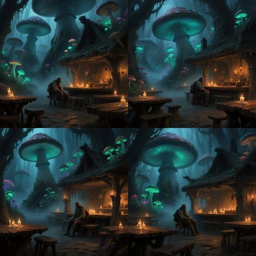 Dark Fantasy Tavern in Bioluminescent Mushroom Forest