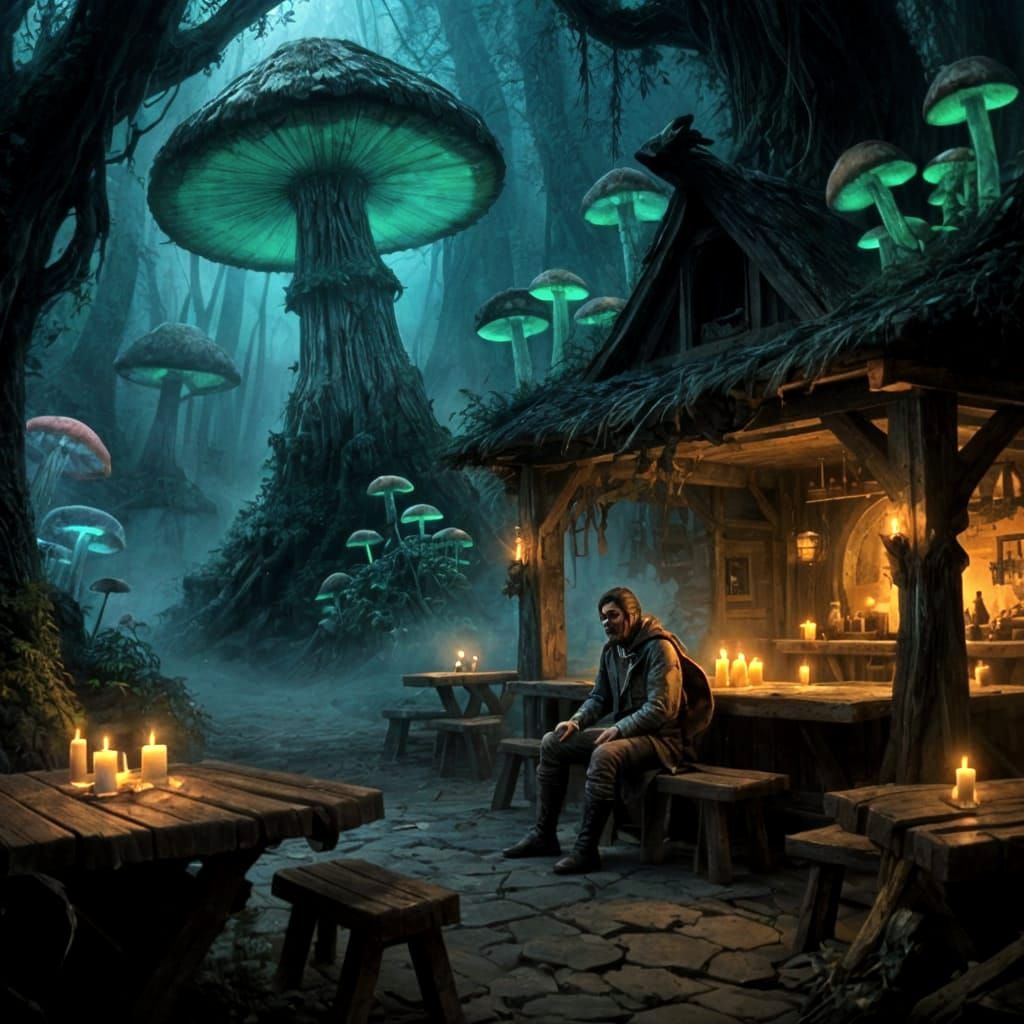 Ancient Tavern in Bioluminescent Mushroom Forest