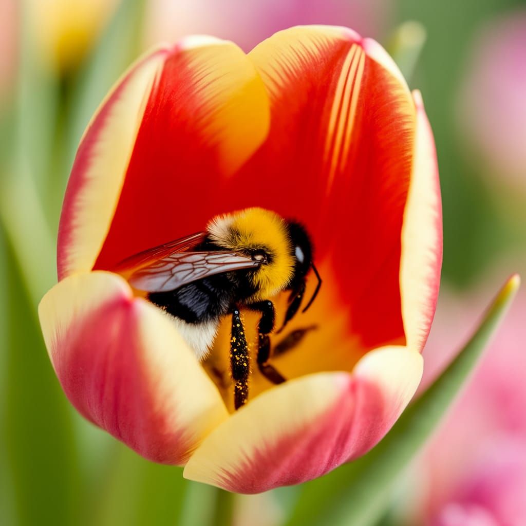 Bumblebee Collects Pollen from a Vibrant Tulip in a Sunny Sp...
