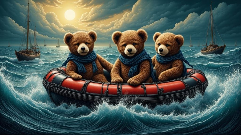 Teddy Bears Cling to Life Raft in Turbulent Waters