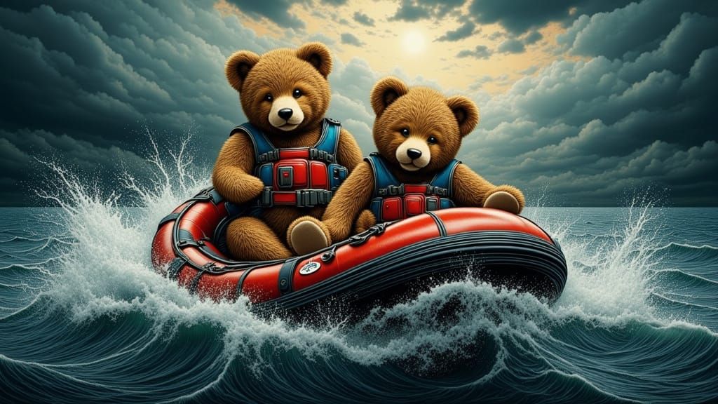 Teddy Bears Hold On in Turbulent Stormy Seas