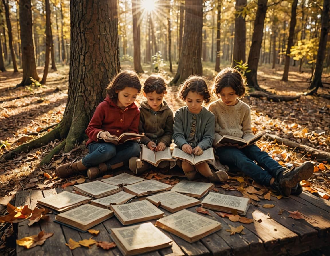 Vintage Children Reading in Forest Glow