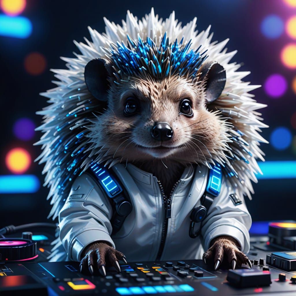 Vibrant Hedgehog DJ in Neon Futurism