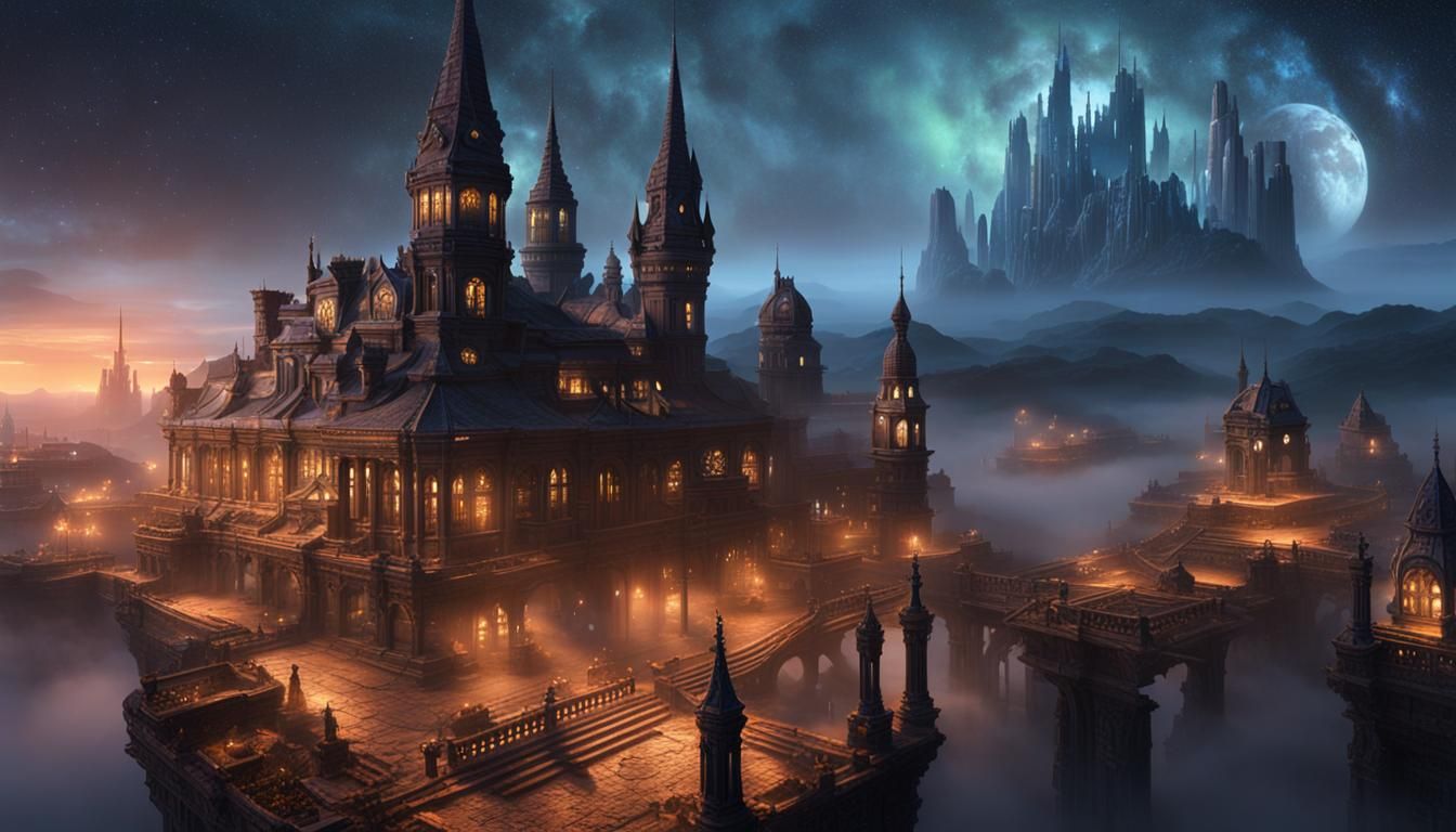 City in Fog with a Celestial Night Sky