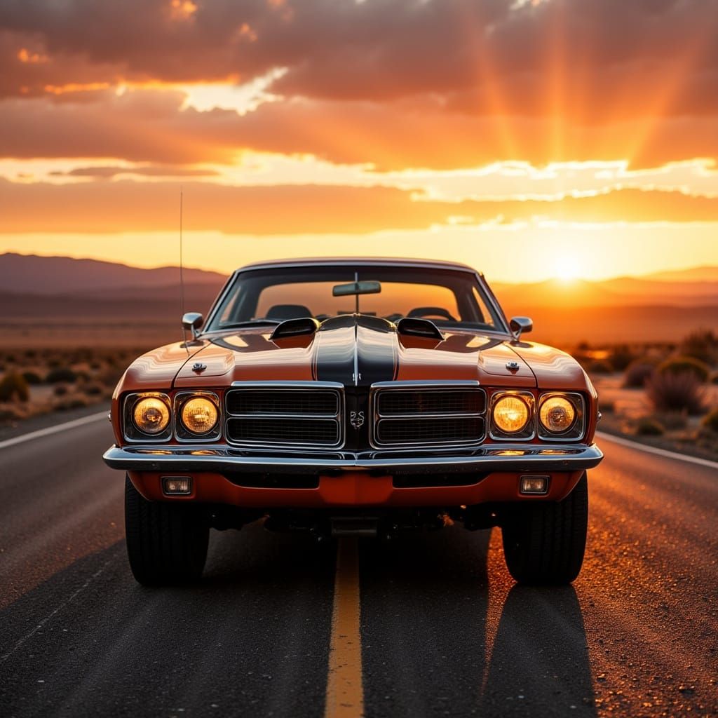 1970s Muscle Car on Desert Highway at Sunset