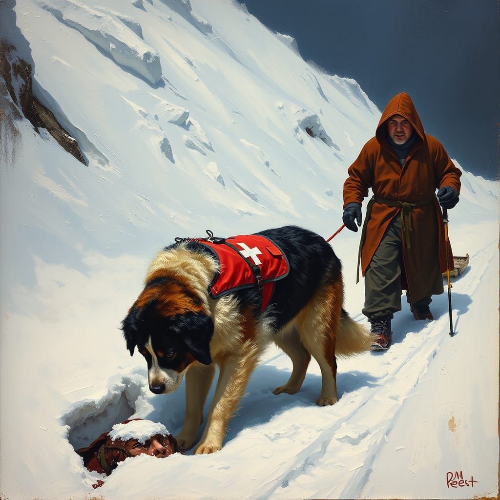 St. Bernard Rescue in Impasto Style