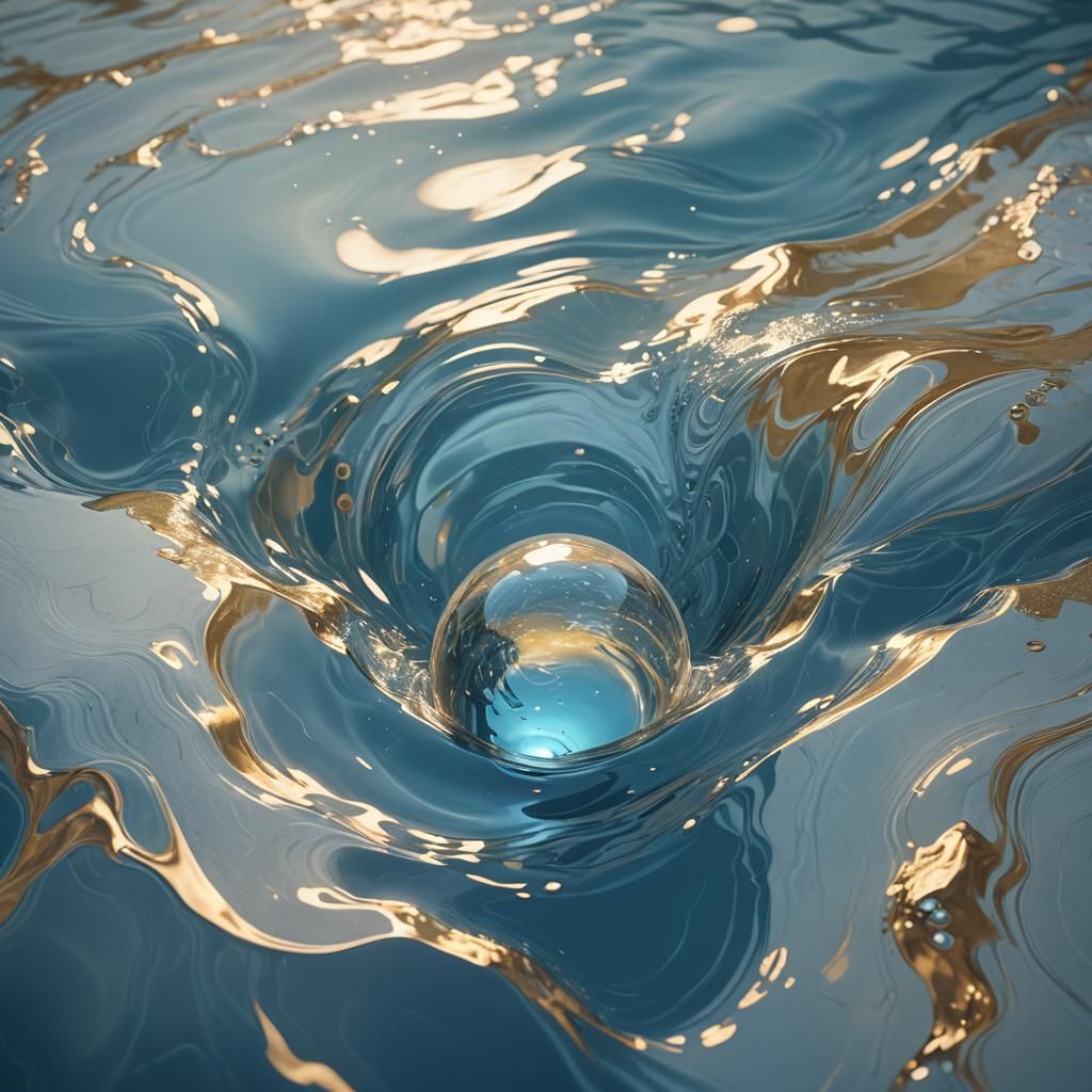 Glowing Marble Drops into Serene Pool: 3D Art