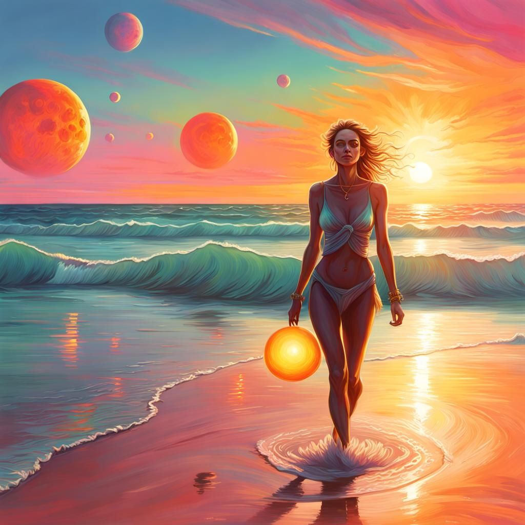 Woman on Alien Beach with Two Suns