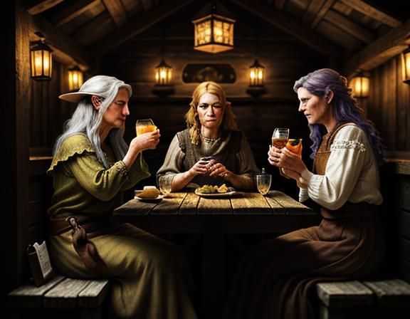 Female Goblins Enjoying Cocktails in Rustic Tavern