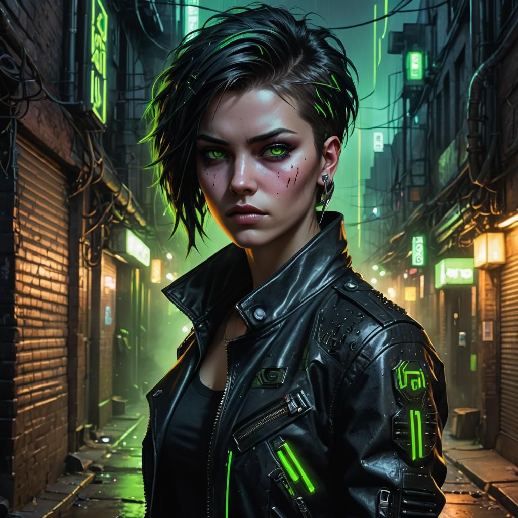 Cyberpunk Woman in Dimly Lit Alleyway