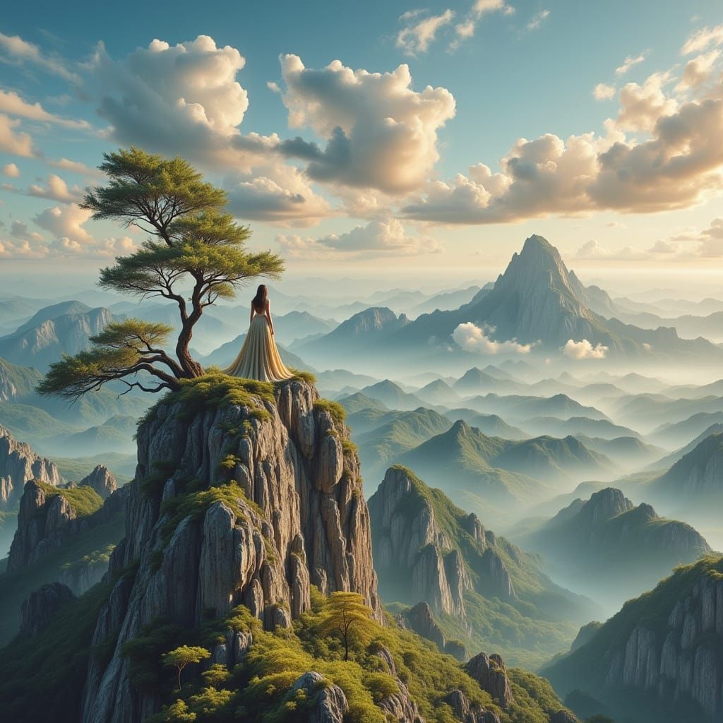 Surreal Woman on a Dreamy Mountain Top