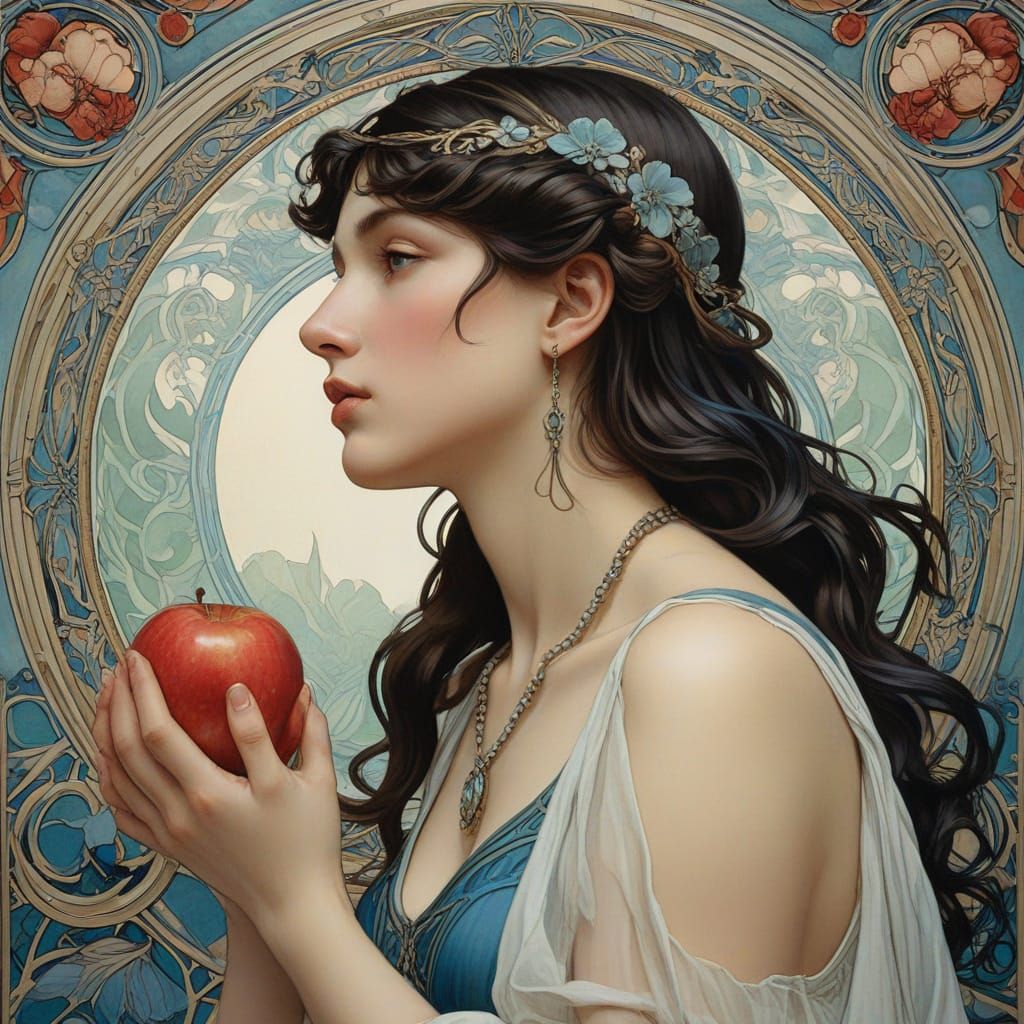 Art Nouveau Aphrodite Contemplates Apple in Painterly Illust...