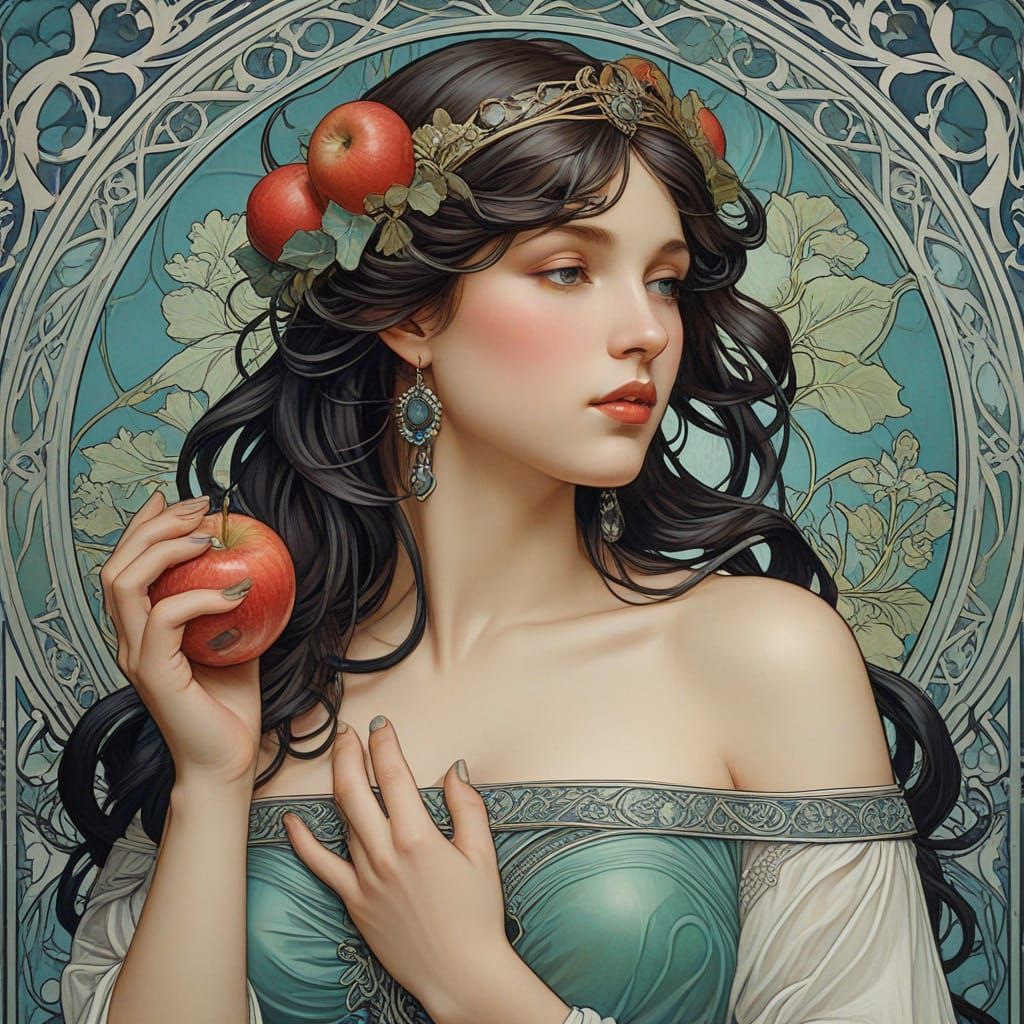 Aphrodite Contemplates Apple in Art Nouveau Style